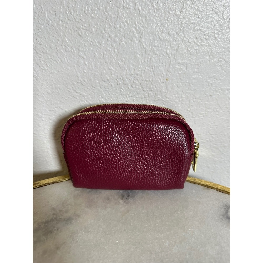 Burgundy Pebbled Leather Triple Zip Coin Purse Keychain Wallet Wine Red